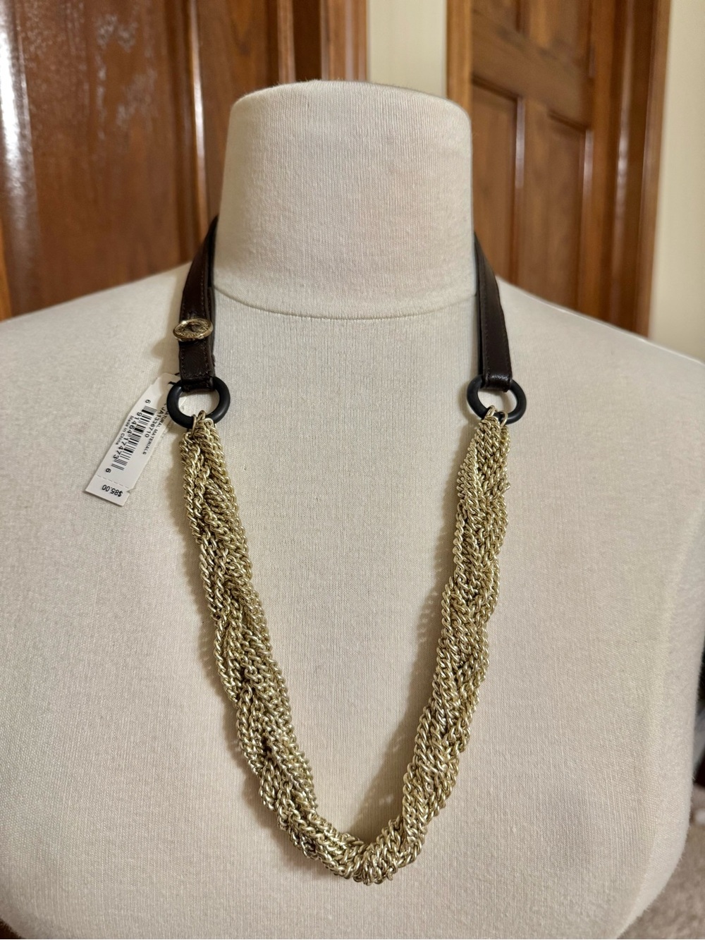 NWT Fossil Braided Gold Chain Necklace with Brown Leather Strap